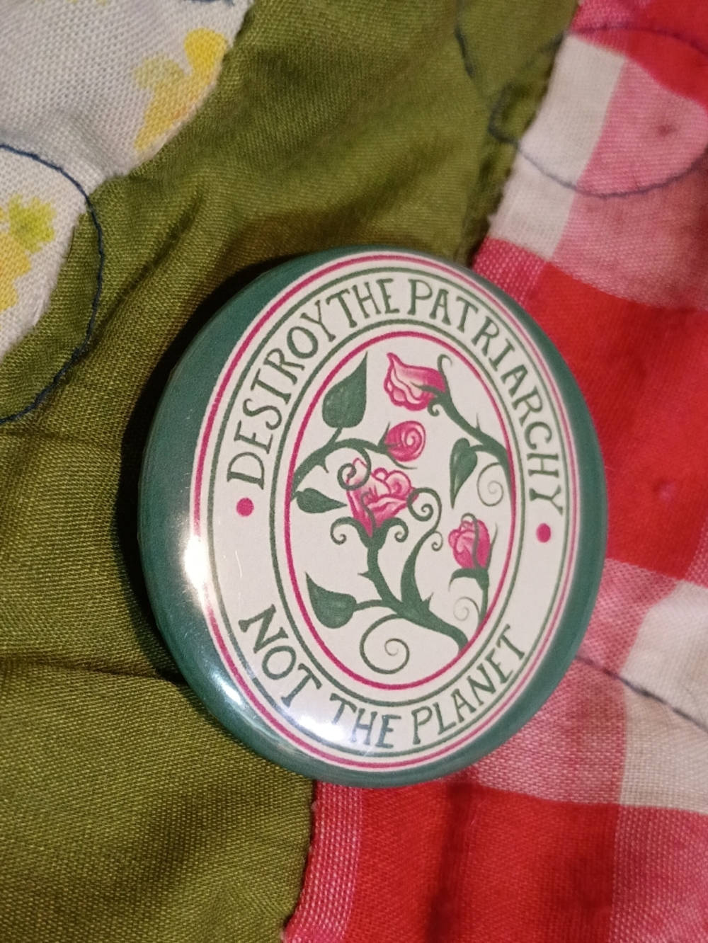Destroy The Patriarchy Not The Planet Green Pink Button Pin 1.77" Feminist Boho